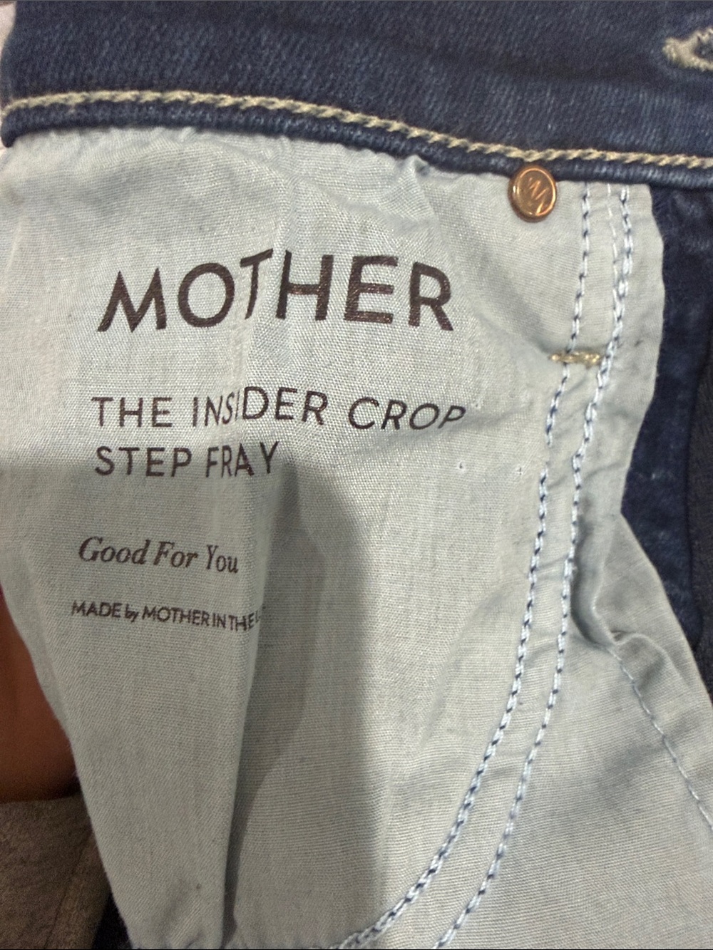 MOTHER Insider Crop Step Fray Jeans in Light Blue and Dark Indigo